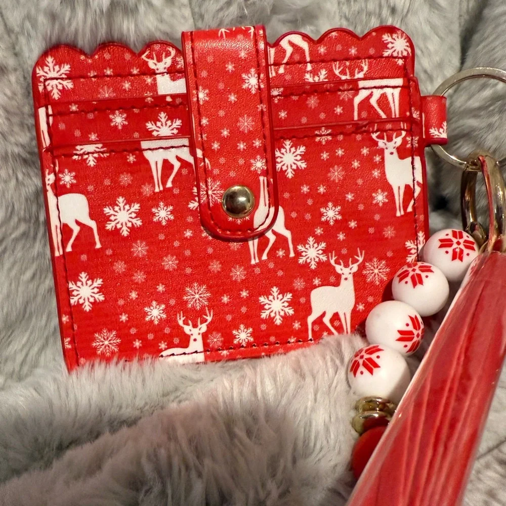 Red and white Reindeer Card Holder Keychain New Lead safe Bracelet Wallet
